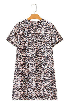 Brown Leopard Print Short Sleeve Pocket Mini Dress