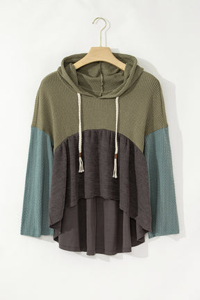 Laurel Green Waffle Knit Patchwork Drawstring Hooded Top-True and Wild