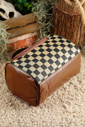 Black Checker Print Leather Zipper Makeup Bag-True and Wild