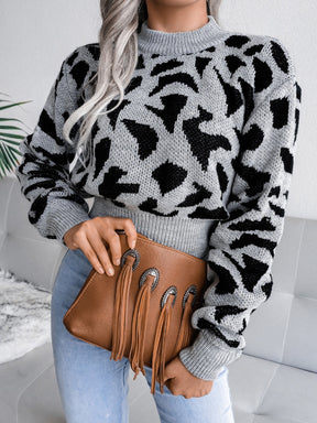 Leopard Round Neck Dropped Shoulder Sweater-True and Wild