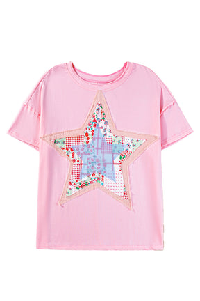 Pink Vibrant Star Patchwork Loose T-shirt-True and Wild