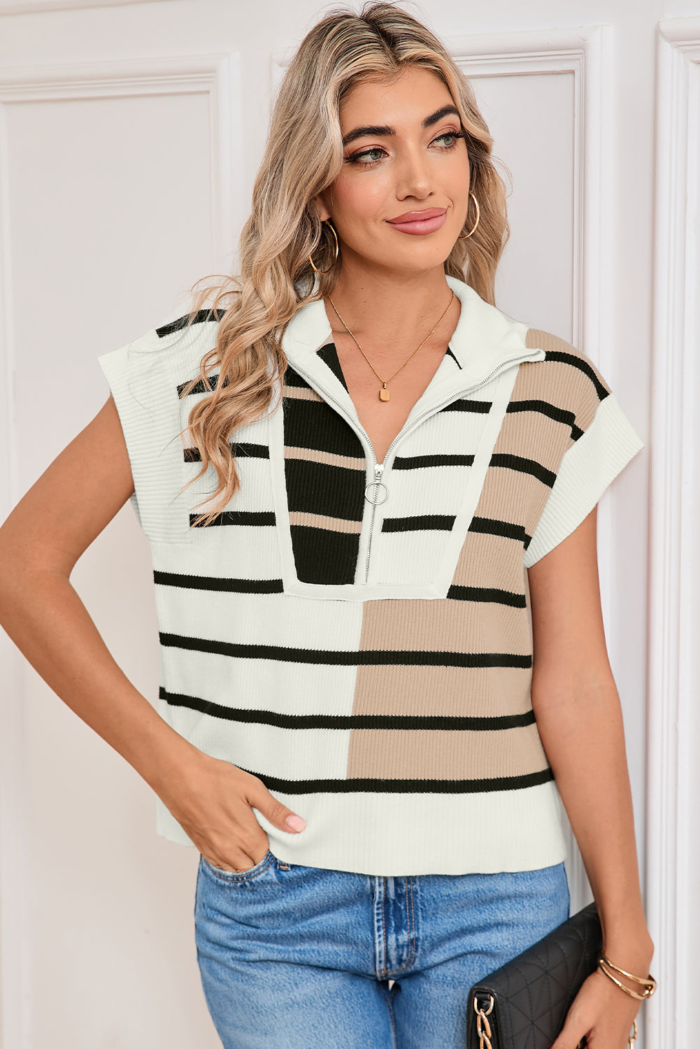 Sky Blue Stripe Quarter Zip Collar Knit Vest