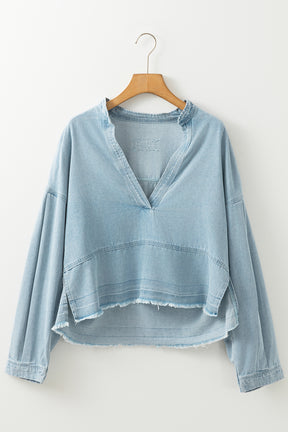 Beau Blue Light Wash Puff Sleeve V Neck Denim Blouse-True and Wild