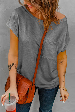 Black Short Sleeve Basic T Shirt with Patch Pocket-True and Wild