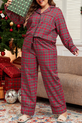 Red Plaid Print Shirt and Drawstring Pants Plus Size Pajama Set-True and Wild