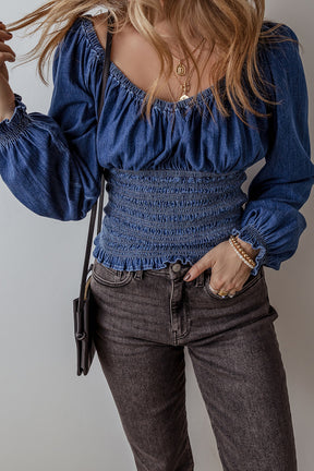 Dark Blue Smocked Ruffle Puff Sleeve V Neck Denim Top-True and Wild