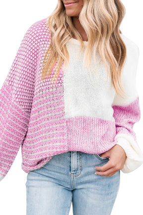 Pink Colorblock Tie Back Drop Shoulder Knit Sweater-True and Wild