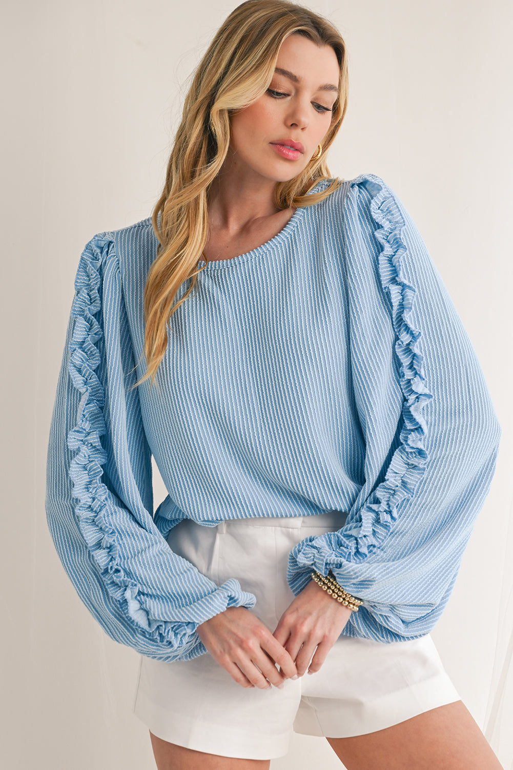 Mist Blue Corded Frill Detail Puff Sleeve Top-True and Wild