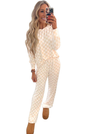 Beige Checkered Print Long Sleeve Loose Fit Pajama Set-True and Wild