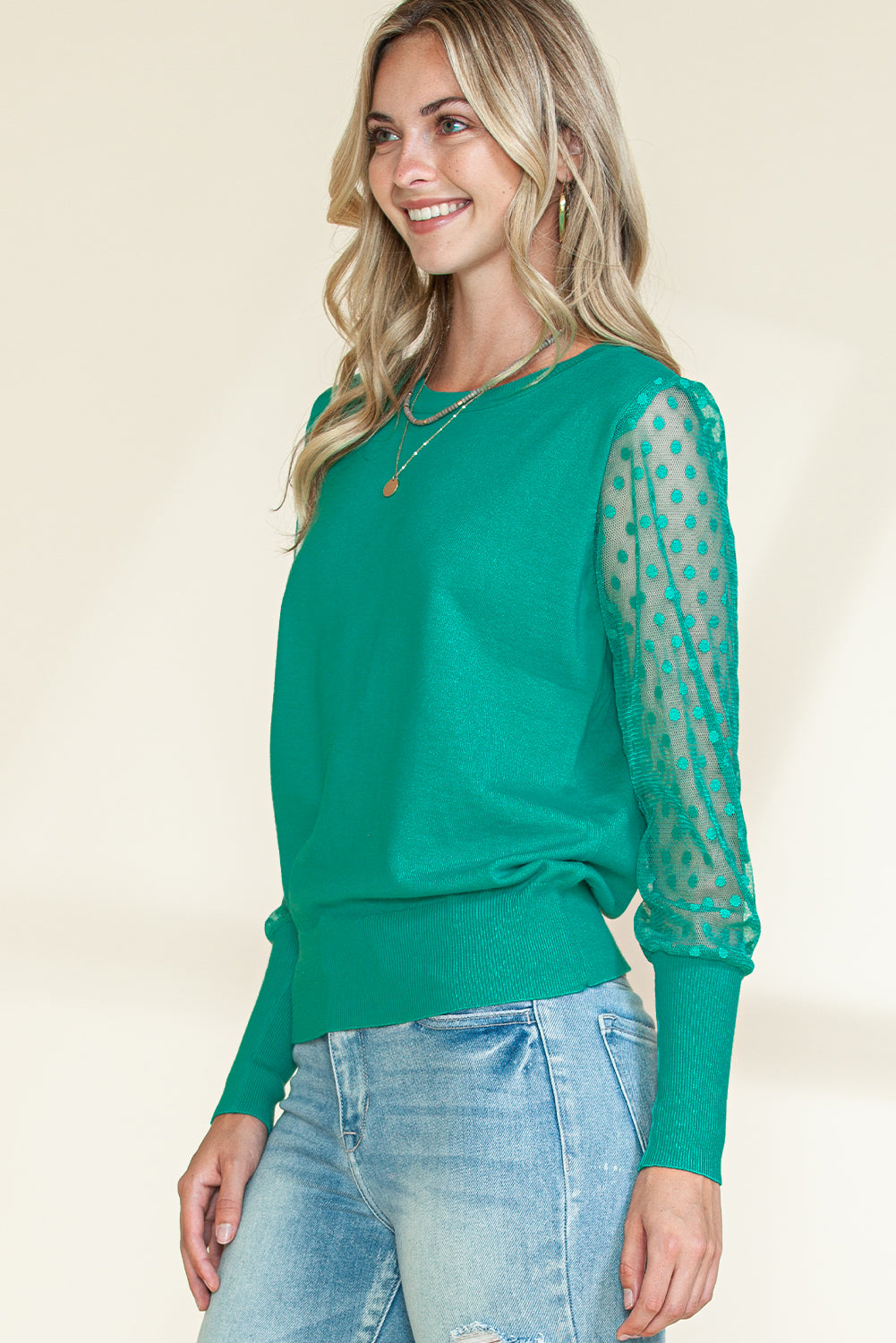 Green Dotted Mesh Puff Sleeve Top-True and Wild