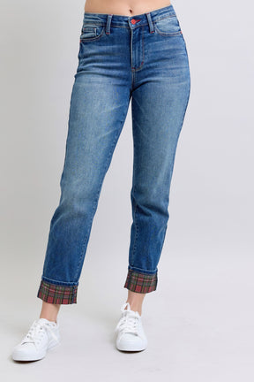 Judy Blue Full Size Plaid Print Cuff Straight Leg Jeans with Pockets-True and Wild