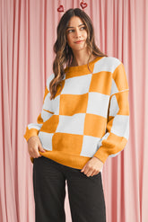 Orange & White Plaid Exposed Seam Bishop Sleeve Sweater-True and Wild