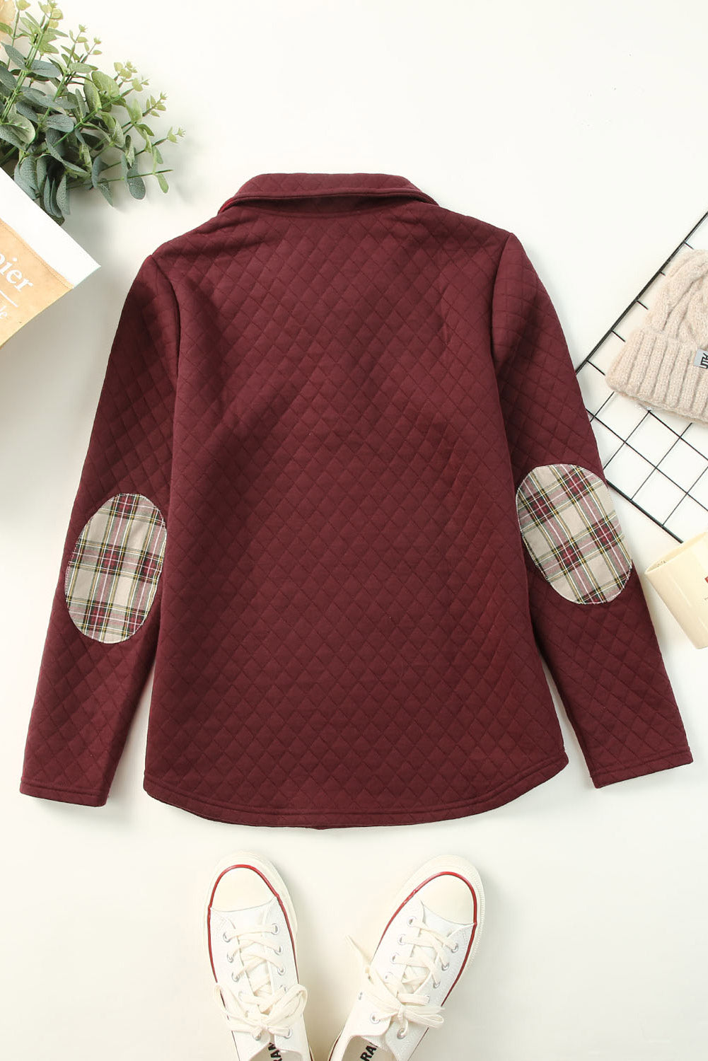 Red Plaid Geometric Texture Trim Button Neck Sweatshirt-True and Wild