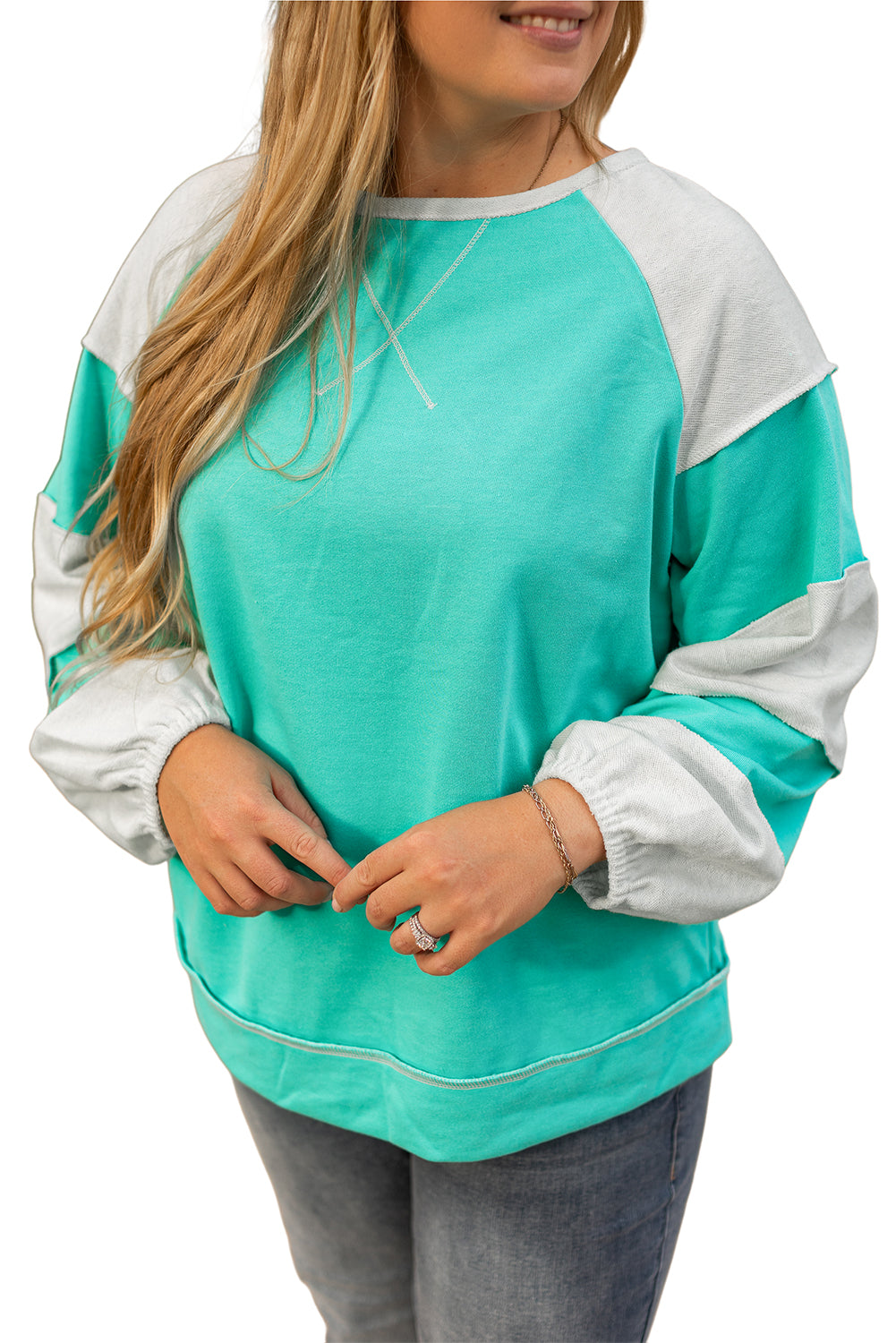 Aruba Blue Colorblock Patchwork Plus Sweatshirt-True and Wild