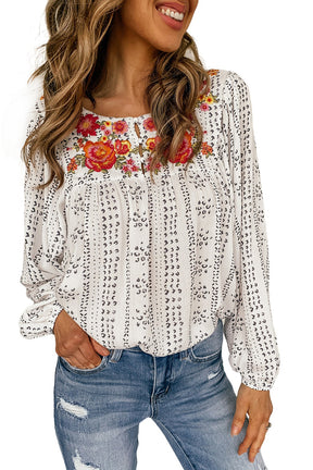 Beige Bohemian Floral Embroidered Printed Buttons Front Blouse-True and Wild