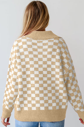 Checkered Collared Neck Long Sleeve Sweater-True and Wild