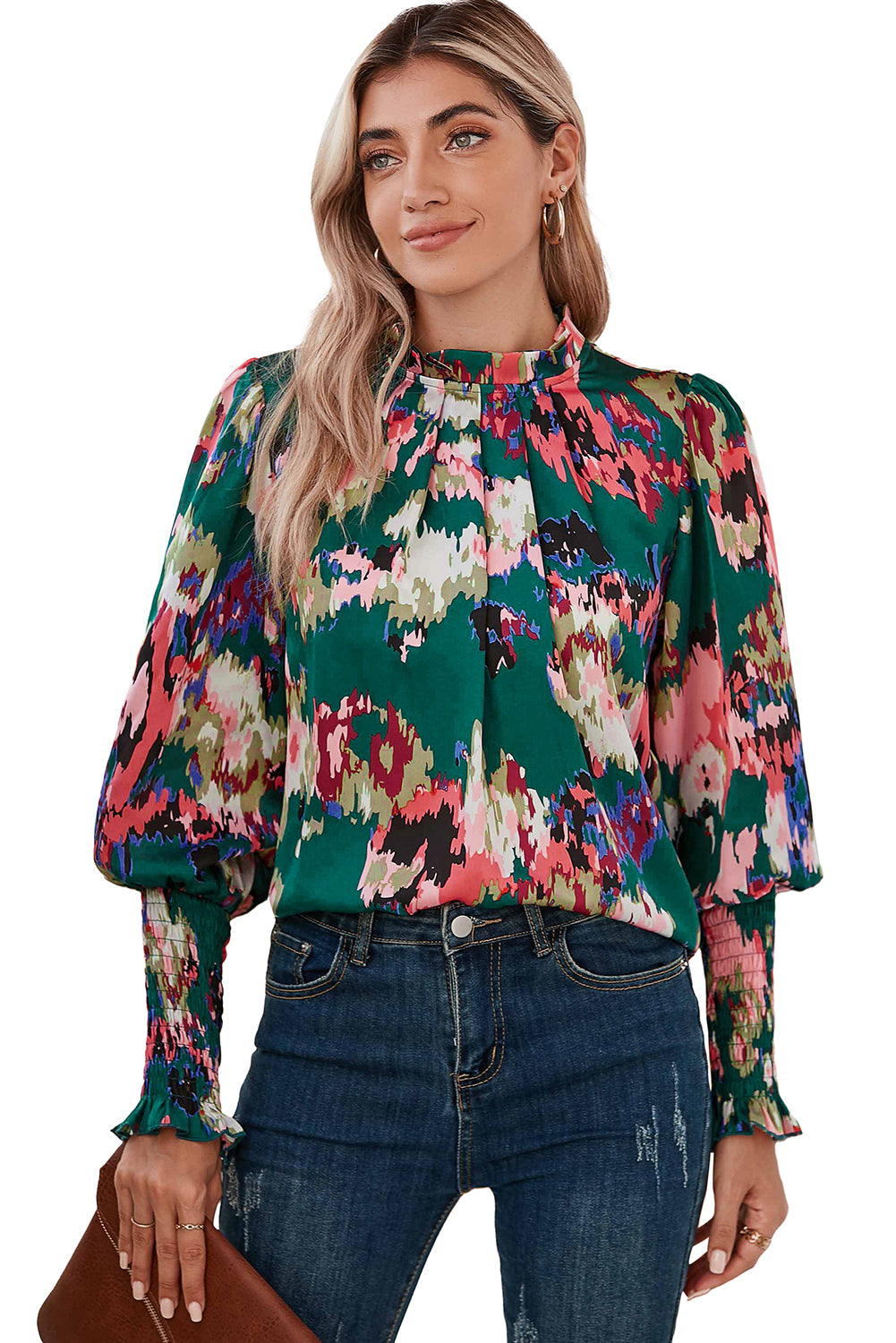 Green Abstract Print Frilled Neck Shirred Cuffs Blouse-True and Wild