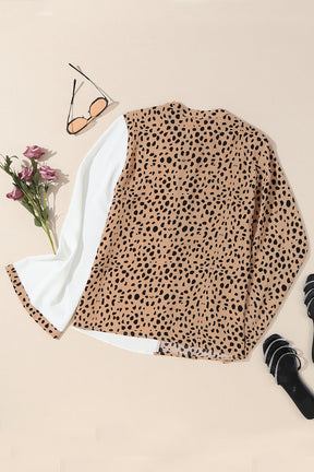 Khaki Leopard and White Patchwork Henley Blouse-True and Wild