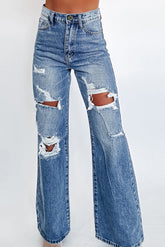 Ashleigh Blue Acid Wash Distressed Wide Leg High Waist Jeans-True and Wild