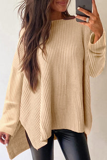 Apricot Plain Side Slits Oversized Sweater-True and Wild