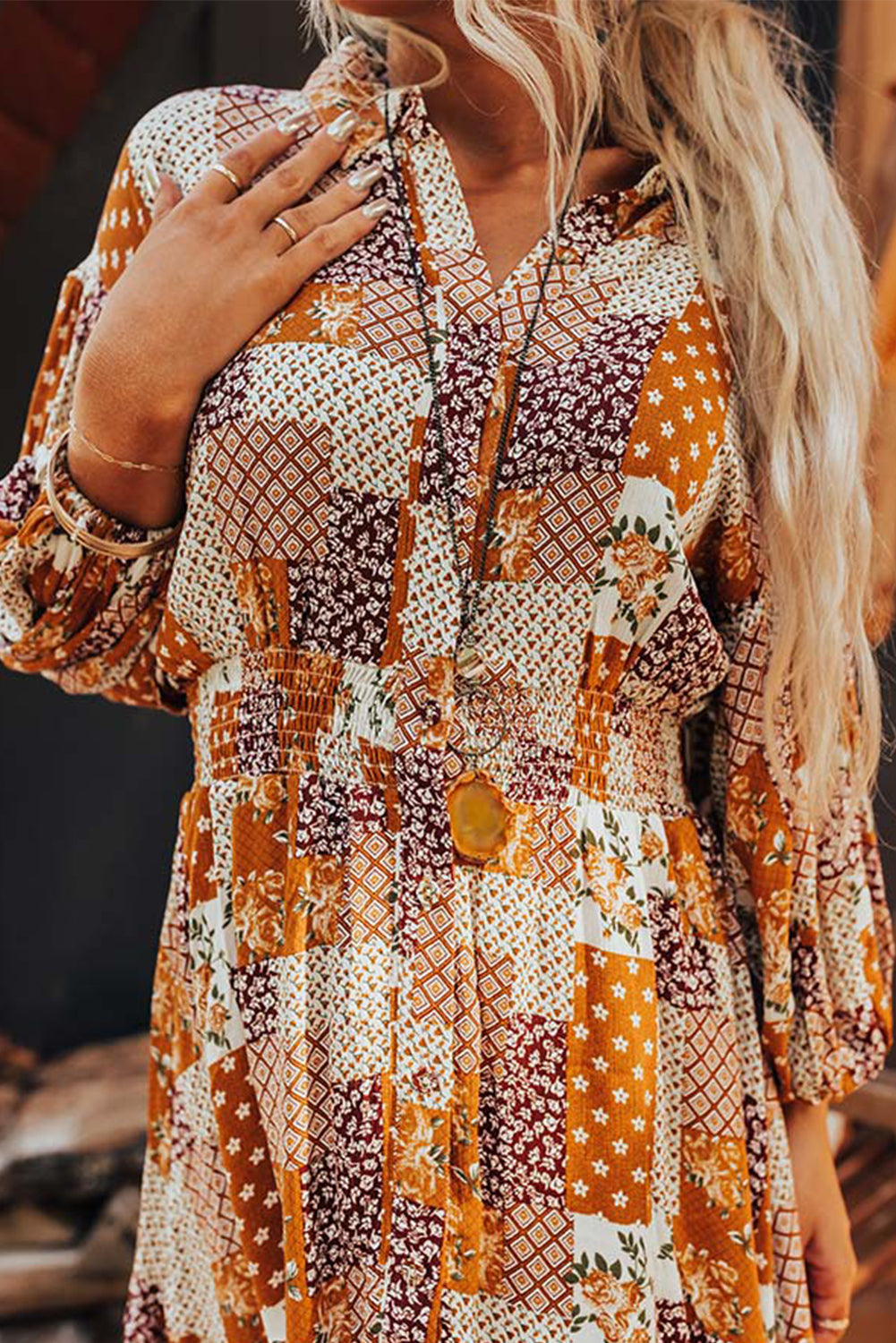 Orange Boho Floral Puff Sleeve Smocked Waist Mini Shirt Dress-True and Wild