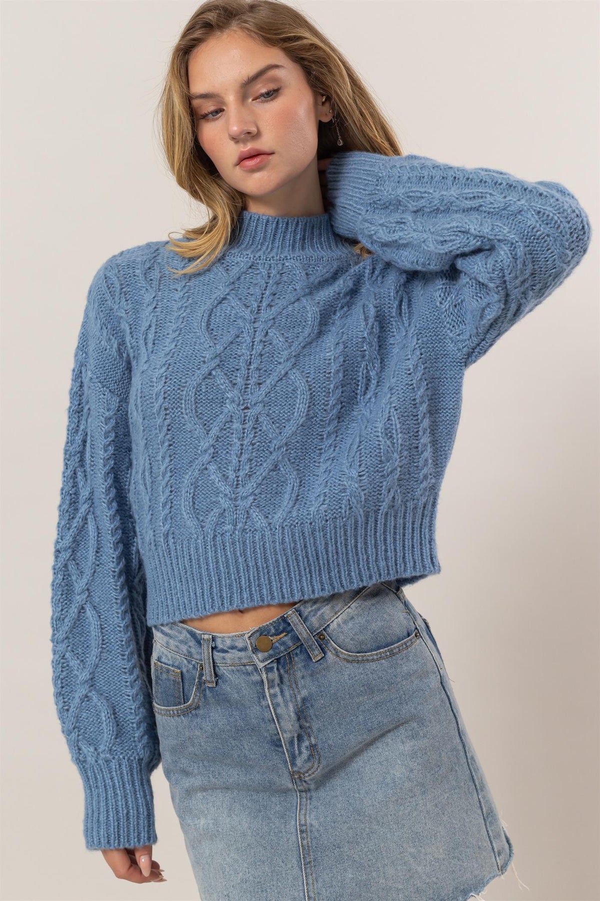 HYFVE Cable-Knit Mock Neck Dropped Shoulder Sweater-True and Wild