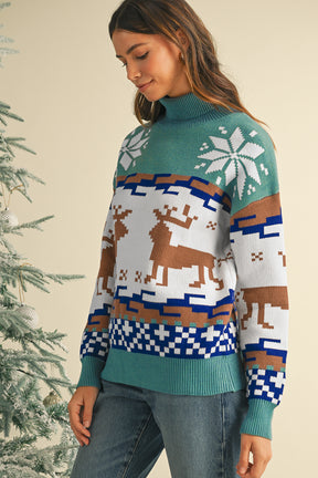 Canton Christmas Reindeer Snowflake Colorblock Turtleneck Sweater-True and Wild