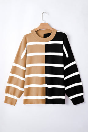 Light Beige Striped Colorblock Drop Shoulder Sweater-True and Wild