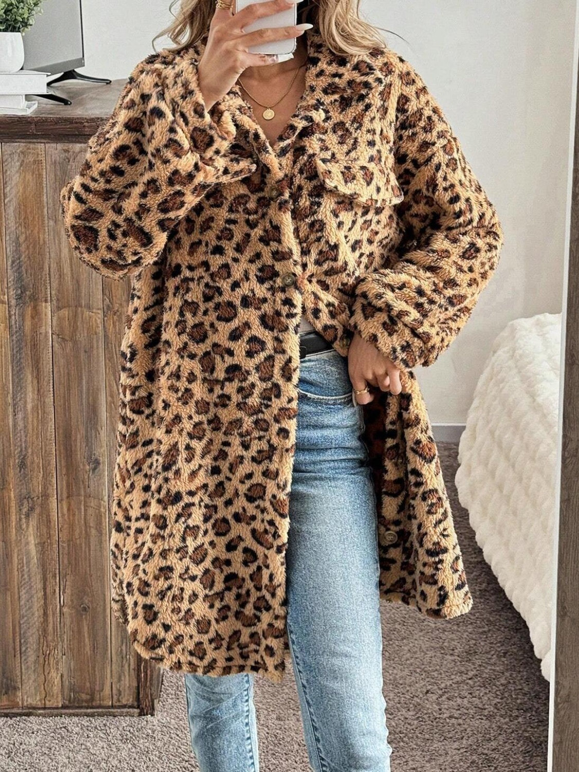 Leopard Button Up Long Sleeve Fuzzy Coat-True and Wild