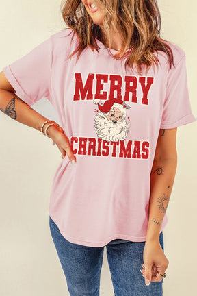 Pink MERRY CHRISTMAS Santa Claus Printed Round Neck T Shirt-True and Wild