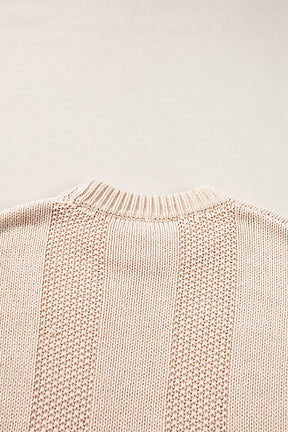 Pale Khaki Solid Color Ribbed Knit Round Neck Sweater-True and Wild