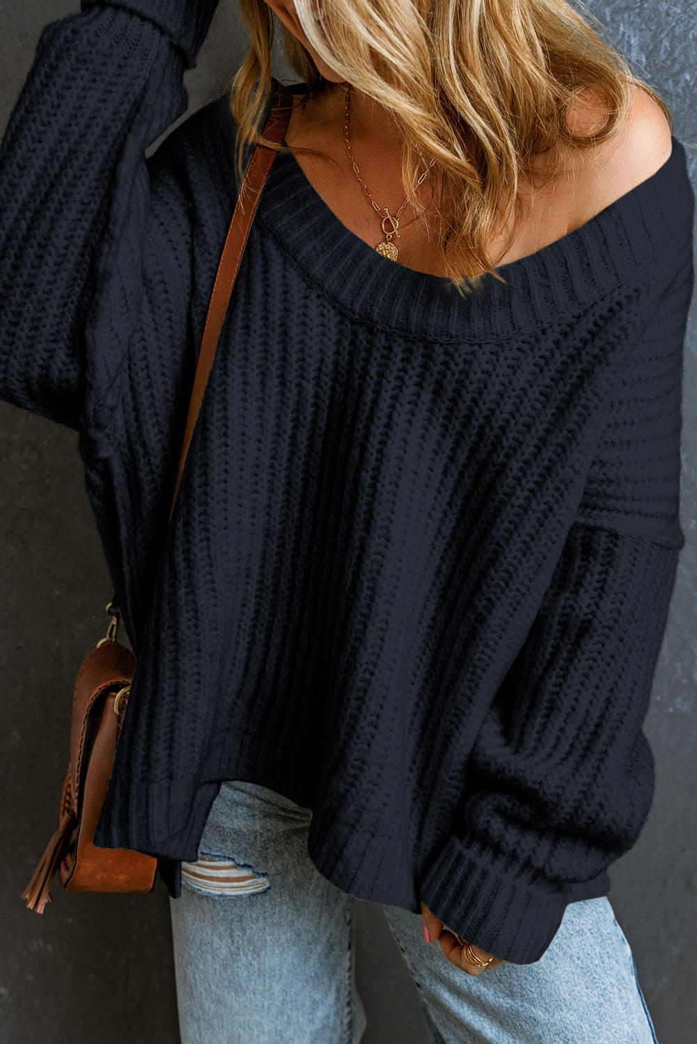 Black Ribbed Knit Drop Sleeve Round Neck Sweater-True and Wild