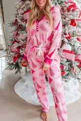 Pink Christmas Tree Print V Neck Buttoned Pullover and Pants Pajama Set-True and Wild