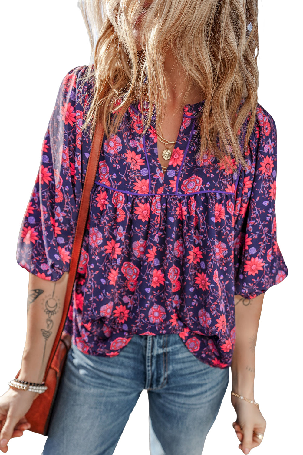 Purple Floral Puff Half Sleeve Split Neck Blouse-True and Wild