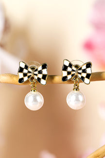 Black Checkered Bow Pearl Drop Earrings