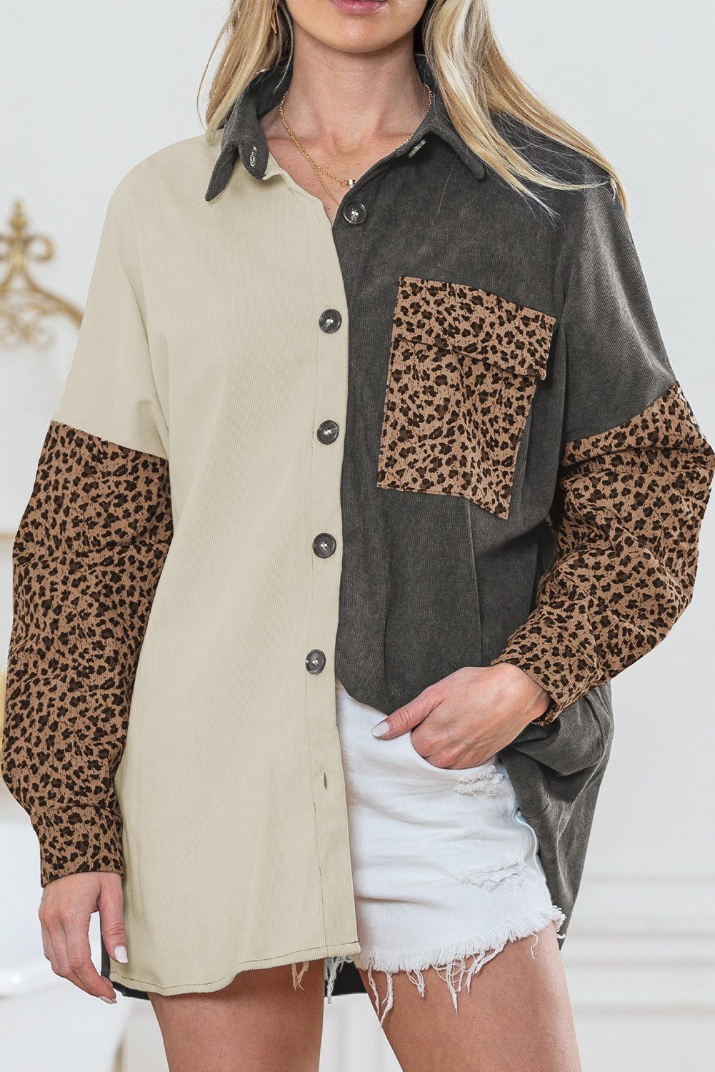 Gray Color Block Leopard Patchwork Casual Corduroy Shacket-True and Wild