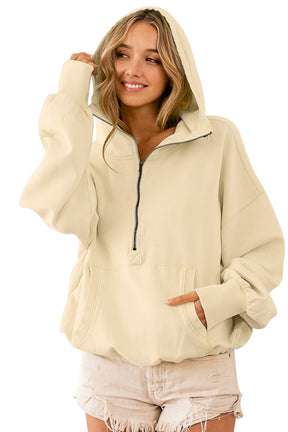 Yellow Solid Color Half Zip Pullover Hoodie with Kangaroo Pocket