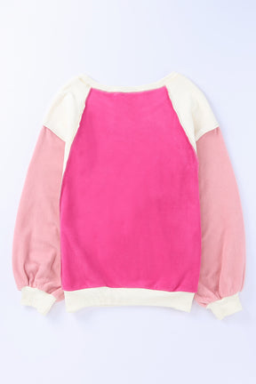 Rosy Colorblock Patchwork Plush Pullover Sweatshirt-True and Wild