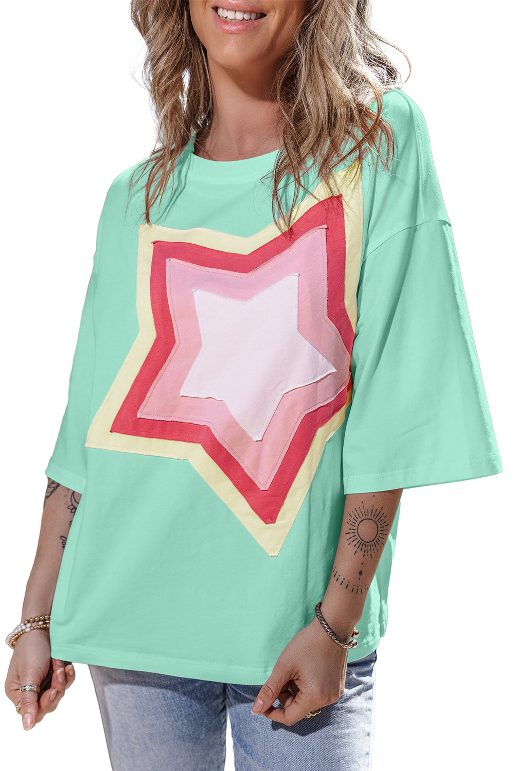 Moonlight Jade Colorblock Star Patched Half Sleeve Oversized Tee-True and Wild