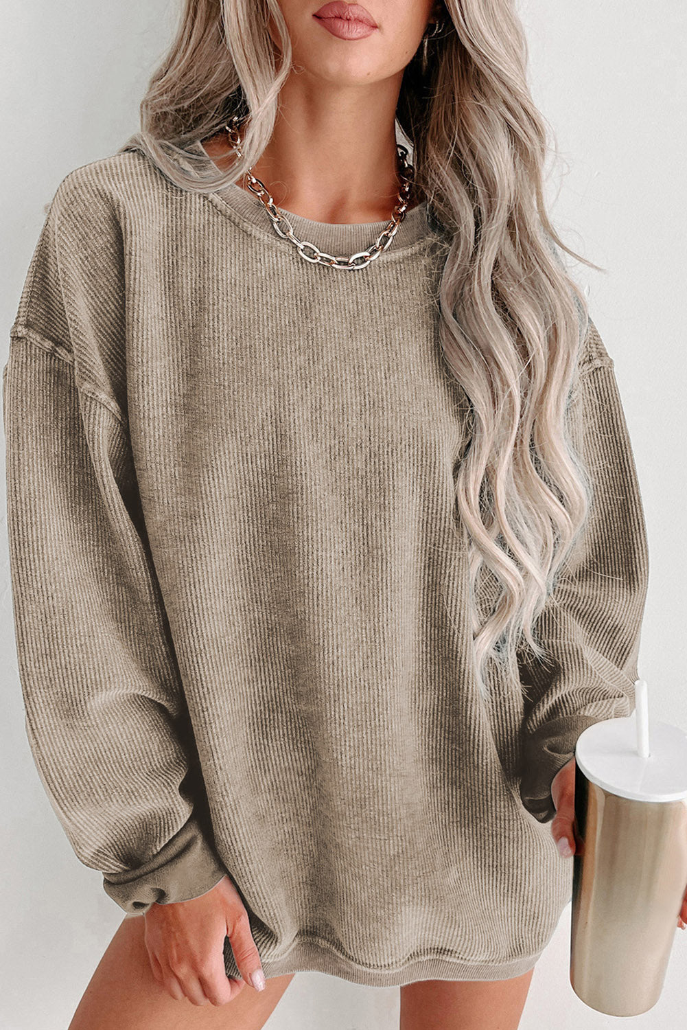 Pink Solid Ribbed Round Neck Pullover Sweatshirt-True and Wild