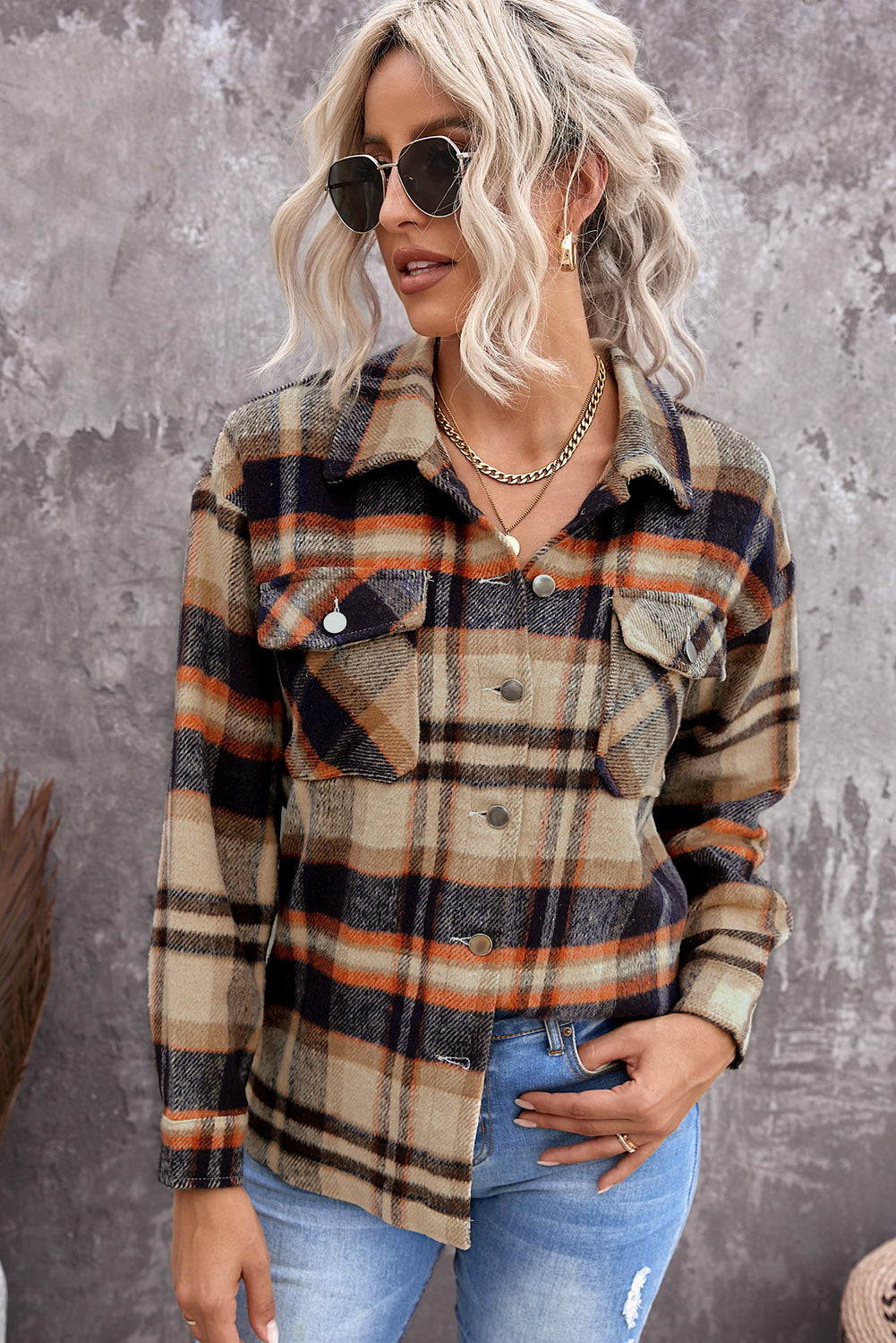 Khaki Plaid Print Casual Button Up Pocket Shacket-True and Wild