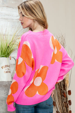 Pink & Orange 60s Floral Cable Knitted Sweater-True and Wild