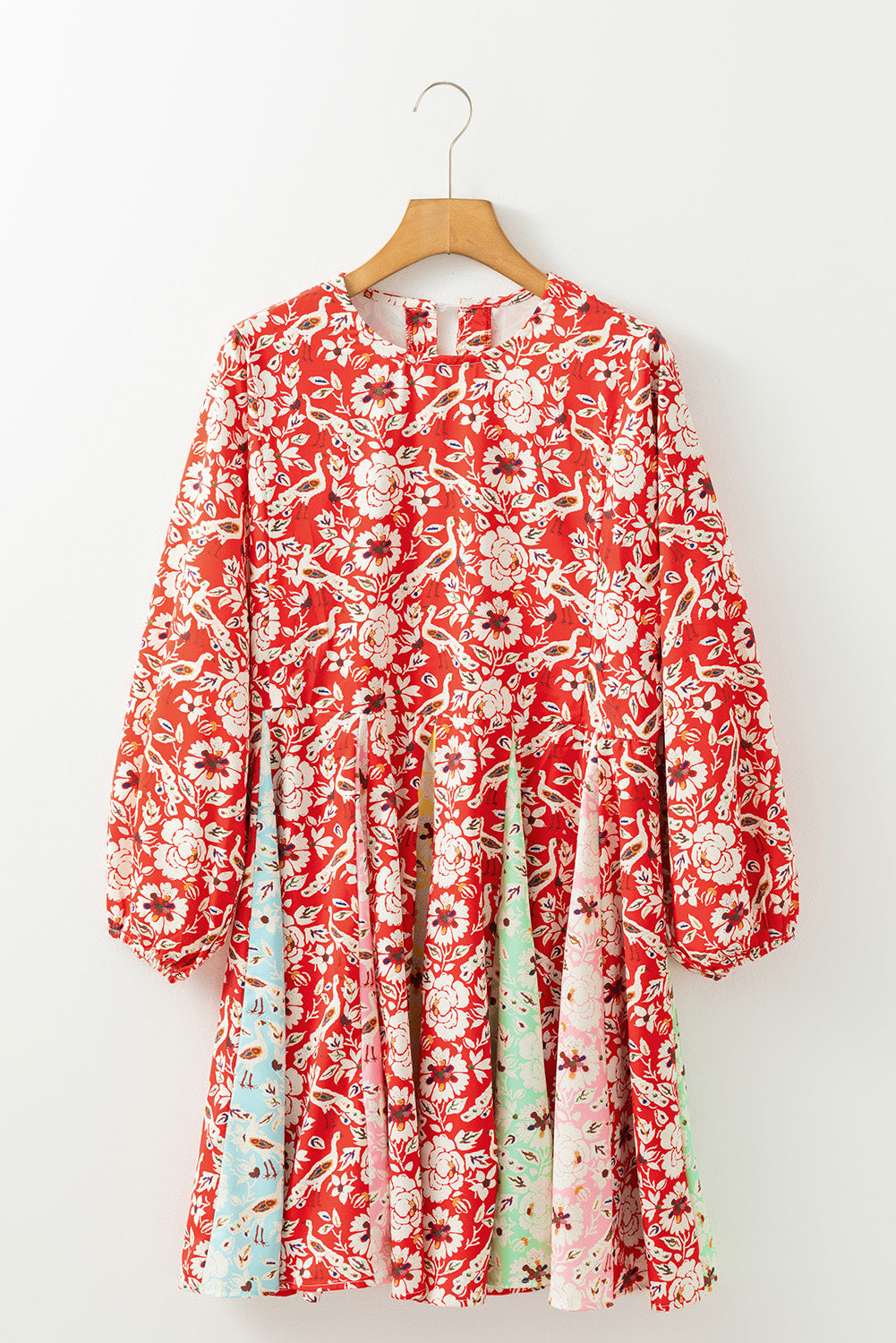 Red Boho Floral Patchwork Long Sleeve Pleated Dress-True and Wild