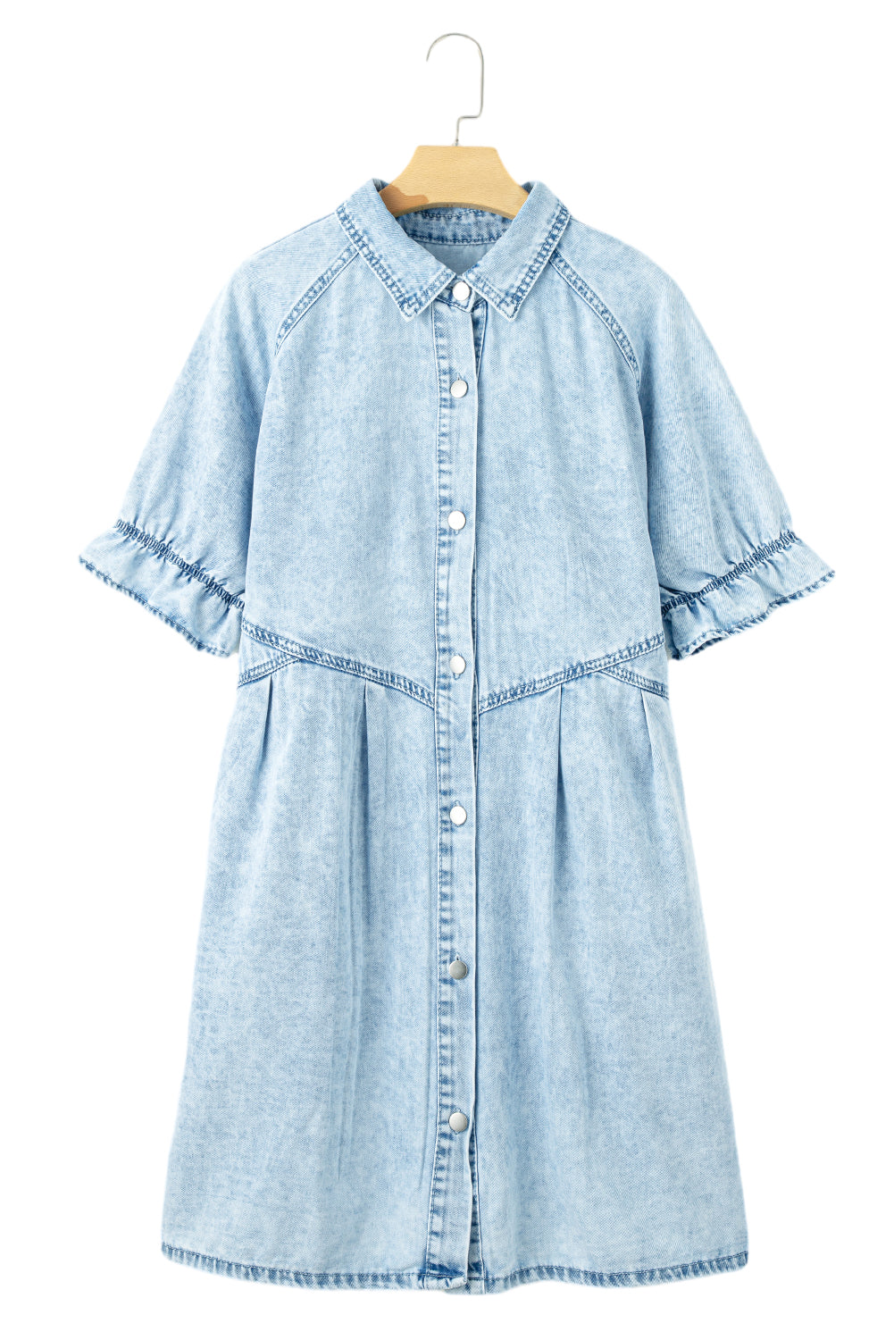 Blue Mineral Washed Ruffled Short Sleeve Pocketed Denim Dress-True and Wild