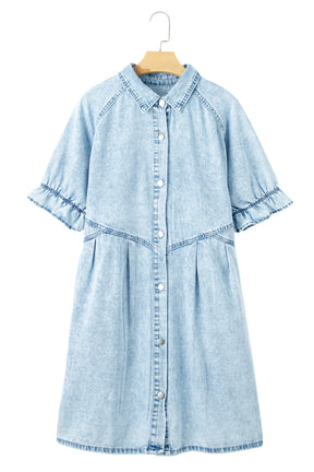 Blue Mineral Washed Ruffled Short Sleeve Pocketed Denim Dress-True and Wild