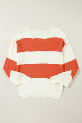 Orange Colorblock V Neck Side Slits Sweater-True and Wild