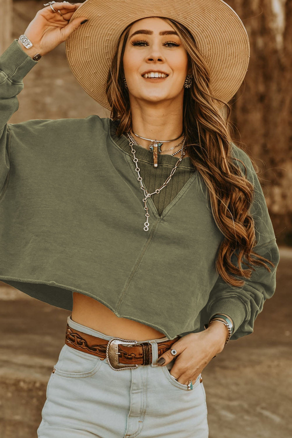 Green Casual Drop Shoulder Cropped Sweatshirt-True and Wild