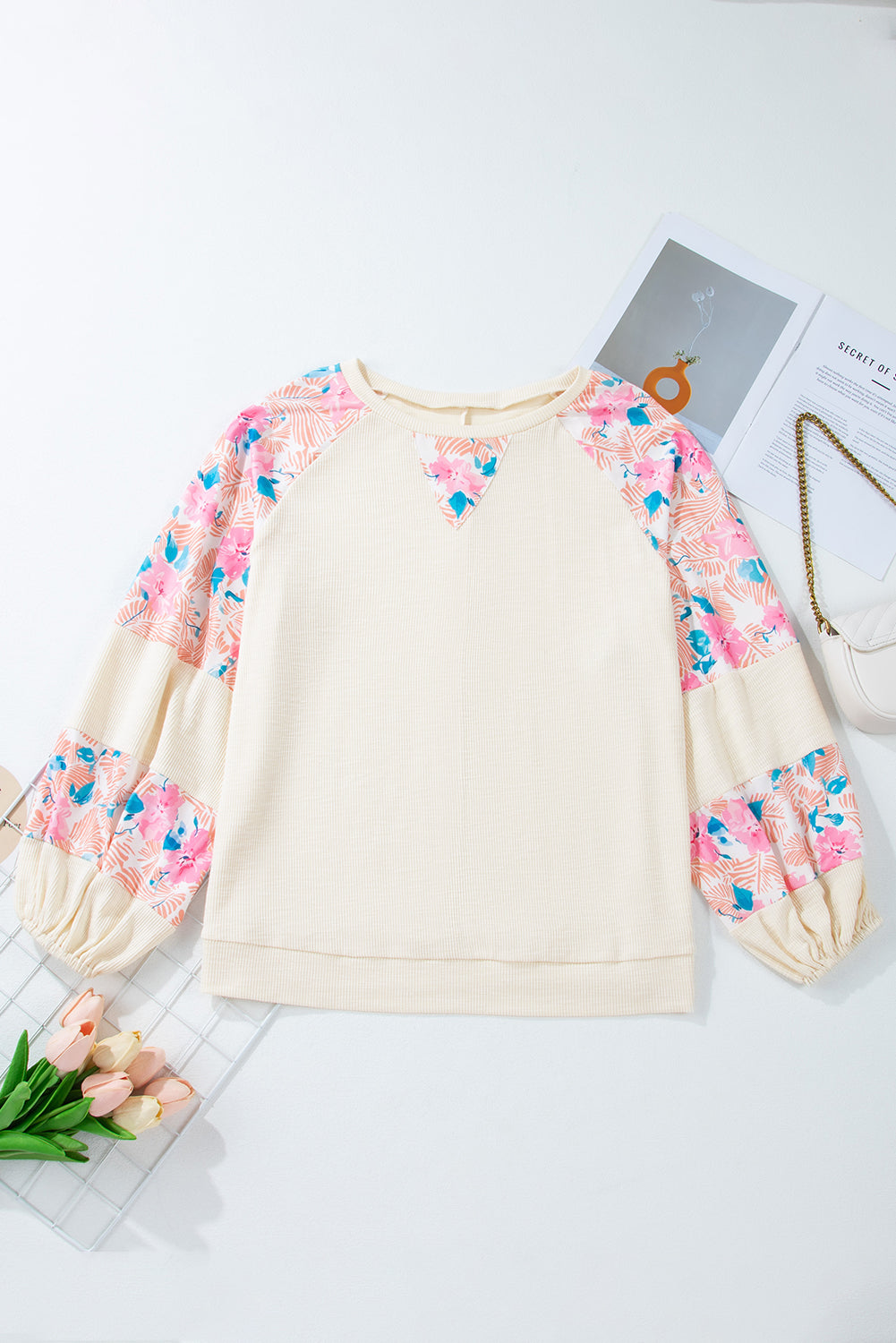 Apricot Floral Patchwork Puff Sleeve Plus Size Ribbed Top-True and Wild