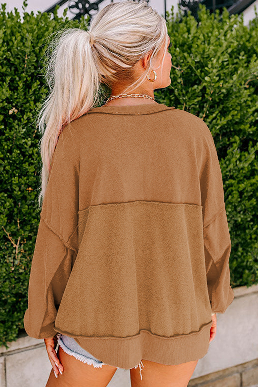 Chestnut Slouchy Drop Shoulder Henley Sweatshirt-True and Wild