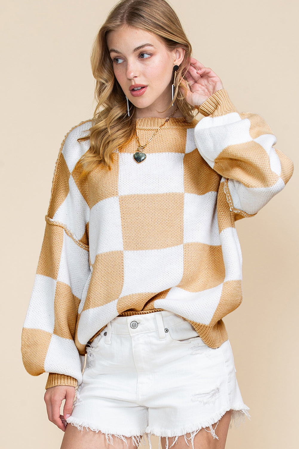 Orange & White Plaid Exposed Seam Bishop Sleeve Sweater-True and Wild